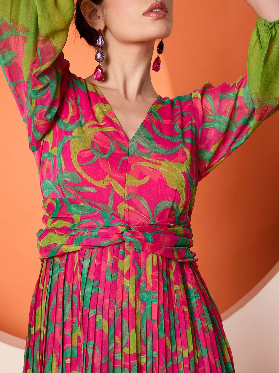 Antheaa Women Floral Printed Fit & Flare Pleated Midi Dress