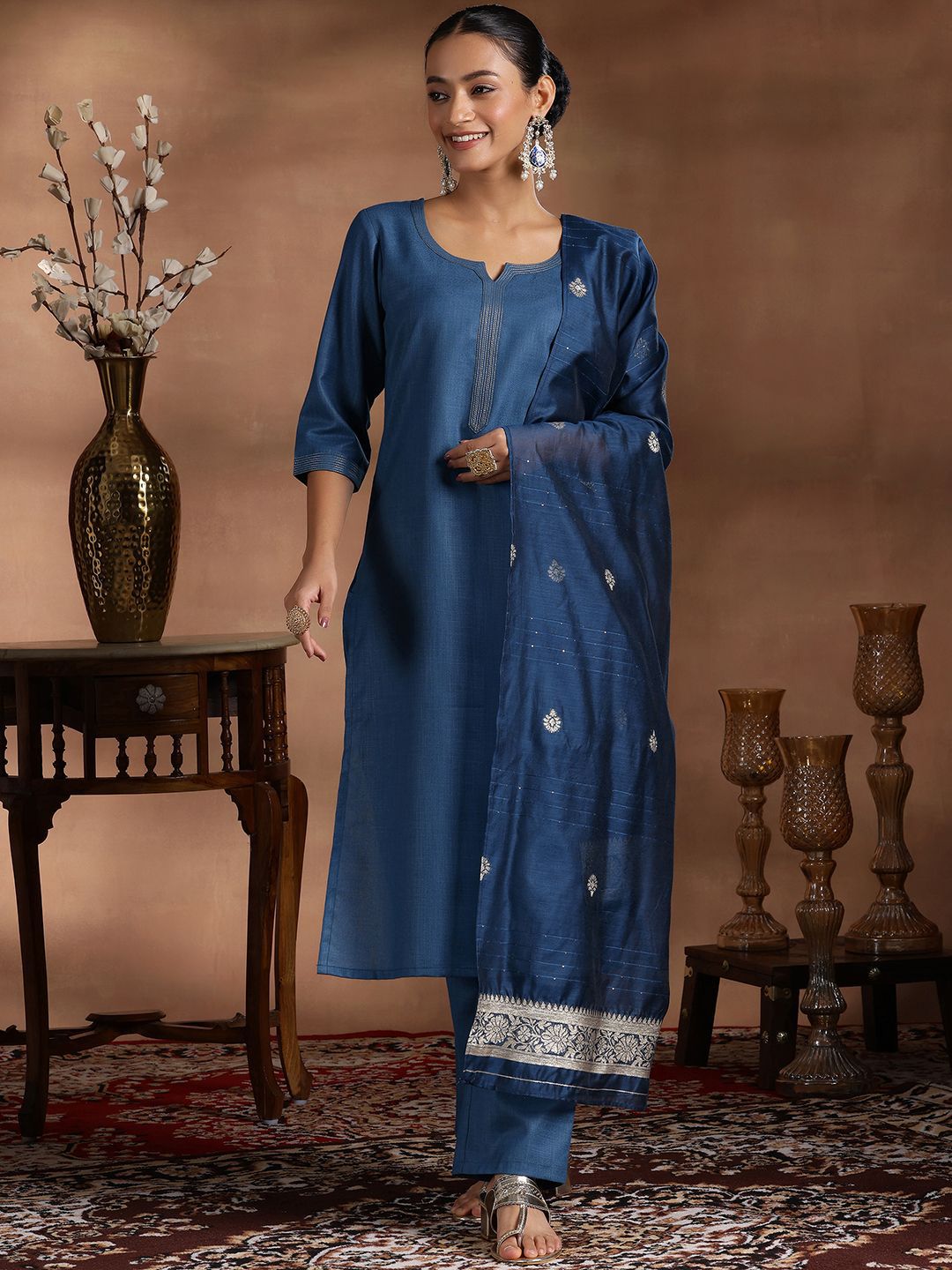 Libas Sequinned Straight Kurta With Trousers & Dupatta
