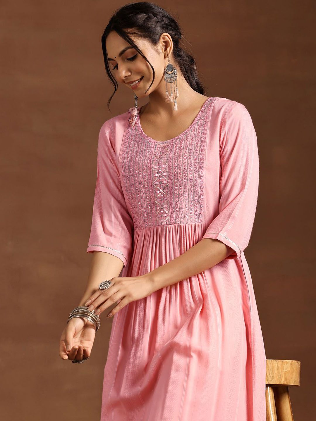 Libas Floral Yoke Design Mirror Work Pleated A-Line Kurta