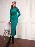 SASSAFRAS High Neck Front Zipper Sheath Midi Dress