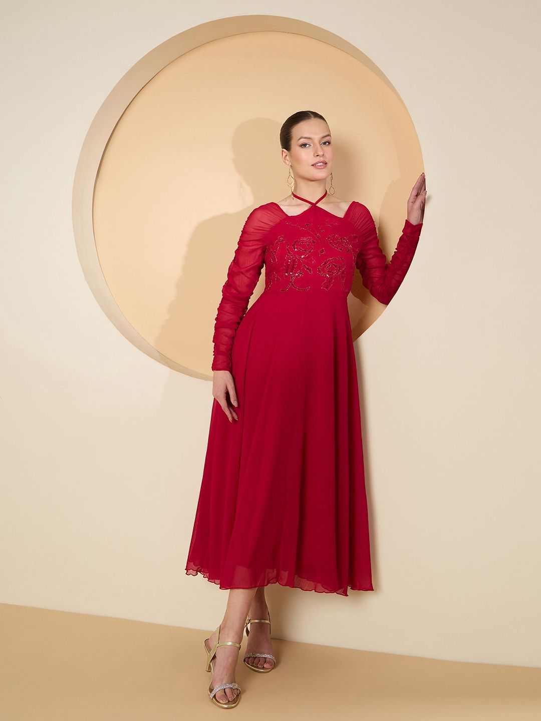 Antheaa Halter Neck Chiffon Embellished Maxi Dress