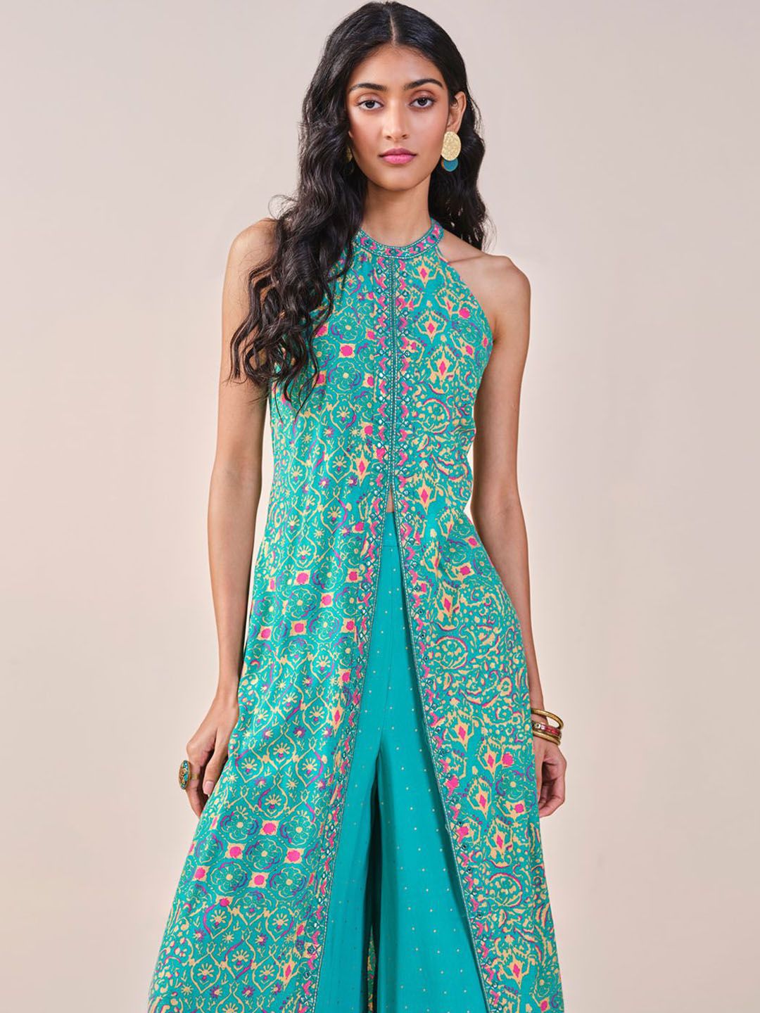 Global Desi Ethnic Motifs Printed Halter Neck Kurta with Palazzos