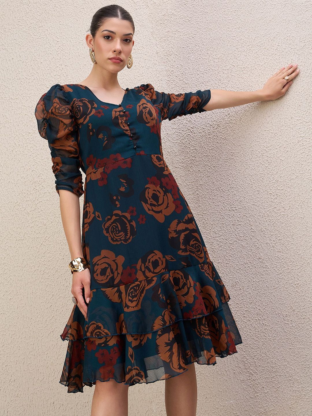 Antheaa Women Ethnic Motifs Print Puff Sleeve Gathered or Pleated A-Line Knee Length Dress