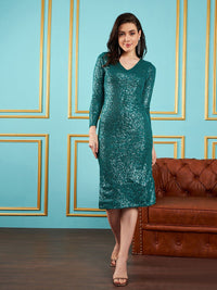 SASSAFRAS V-Neck Embellished Sequined Sheath Dress