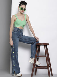 SASSAFRAS Women High-Rise Straight Fit Side Slit Jeans