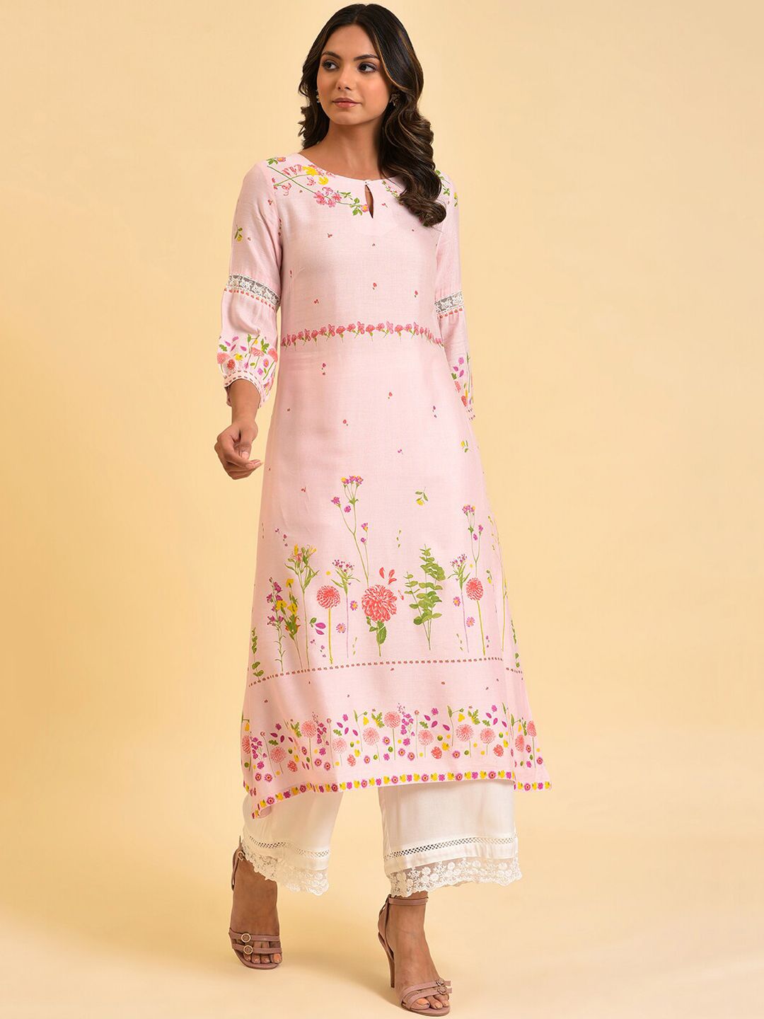 W Pink & Yellow Floral Printed Keyhole Neck Kurta