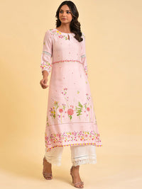 W Pink & Yellow Floral Printed Keyhole Neck Kurta