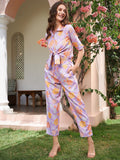 Athena Lavender & Grey Floral Printed Linen Shirt With Trousers