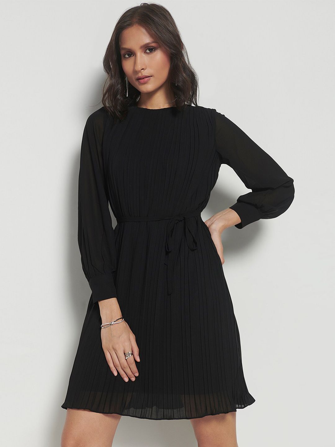 AND Cuffed Sleeves Accordion Pleated A-Line Dress