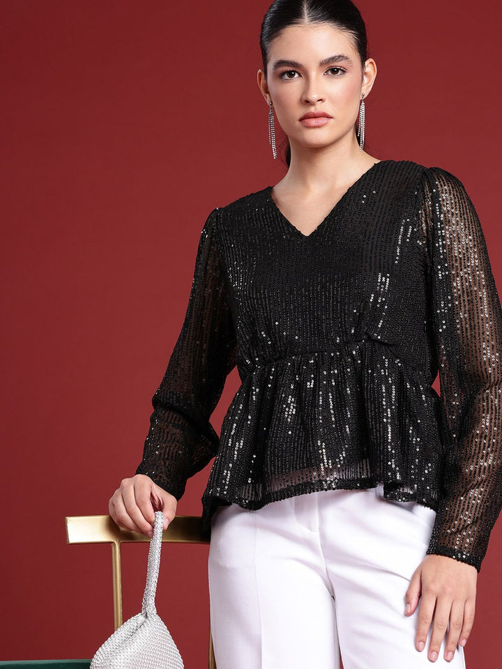 all about you Sequinned Stripes Embellished V-Neck Gathered or Pleated Party Top