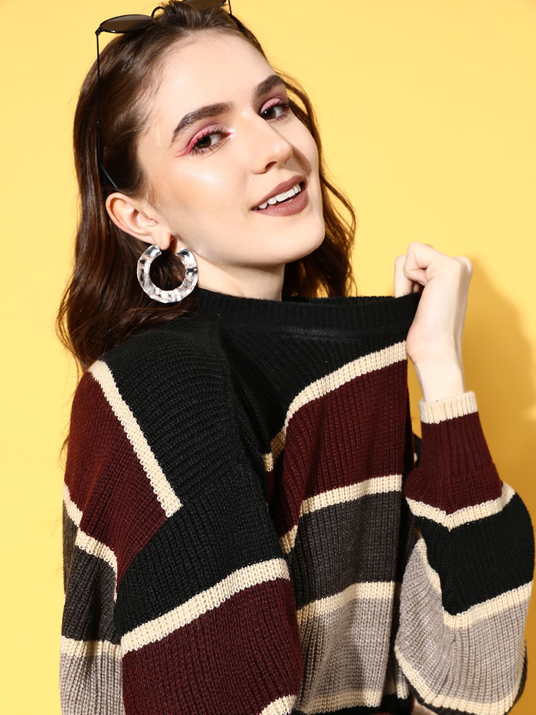 Berrylush Women Black Striped Knits Bits Sweater