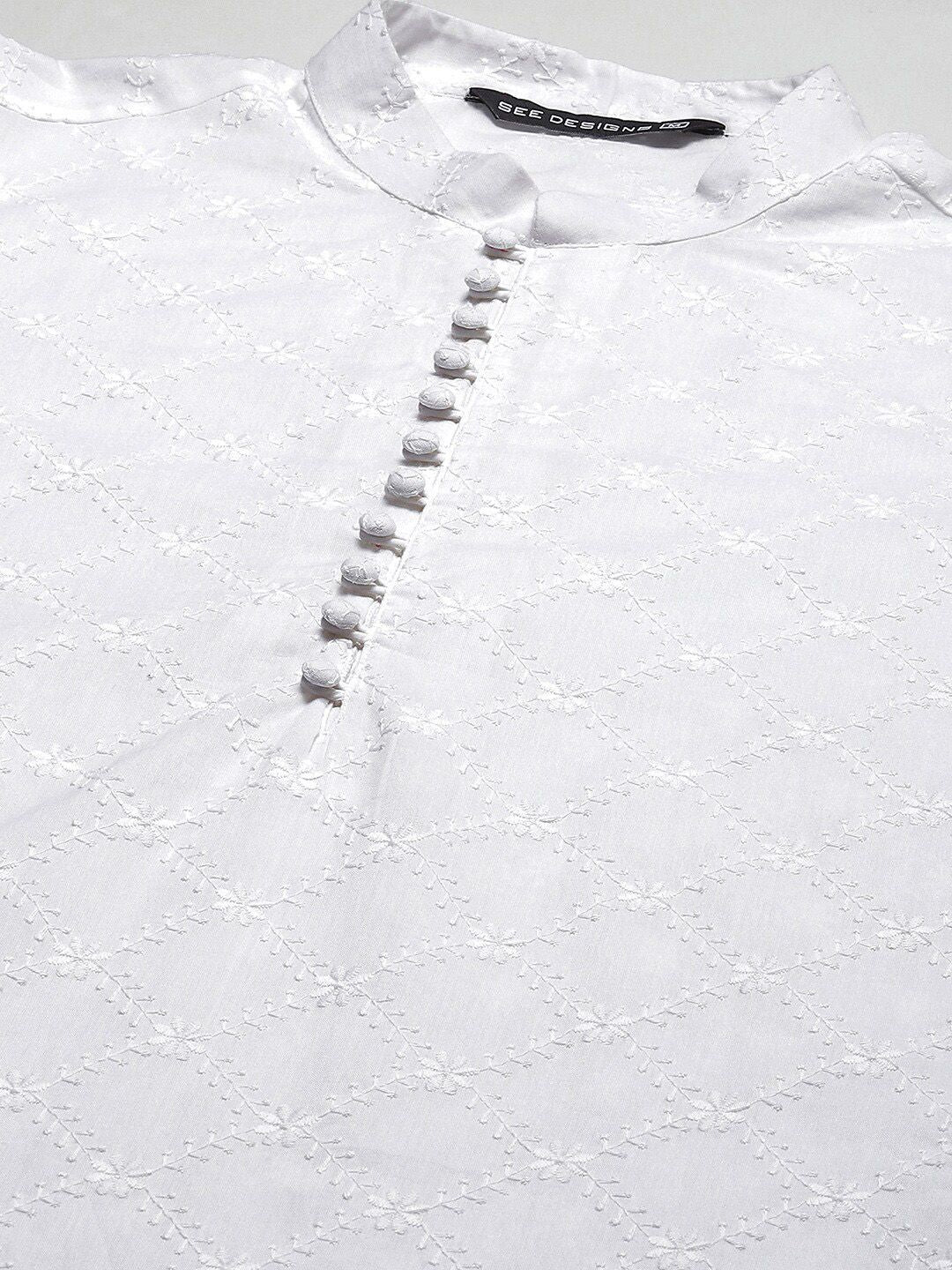 See Designs Men White Chikankari Embroidered Straight Kurta