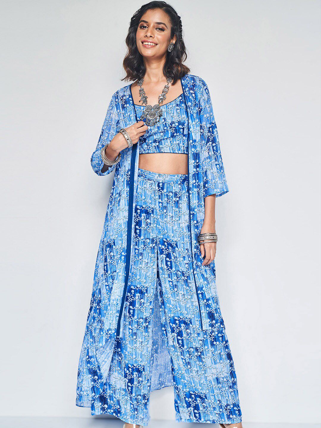Global Desi Floral Printed Top With Shrug & Trousers Co-Ords