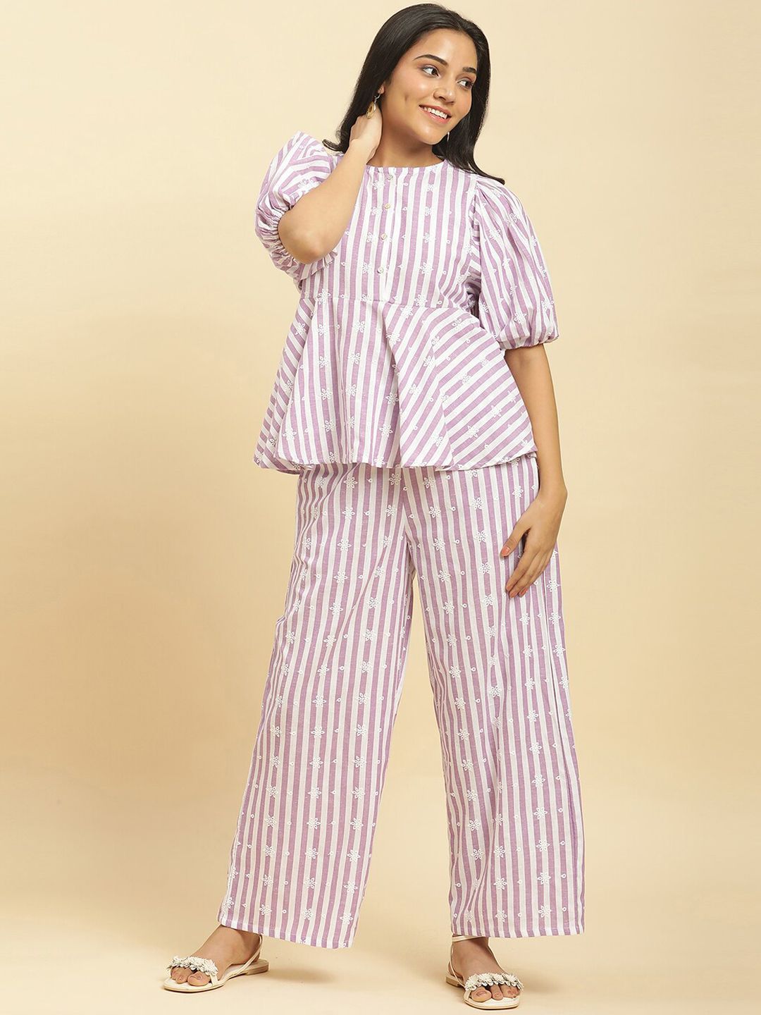 W Women Lavender & White Striped Embroidered Top with Trousers