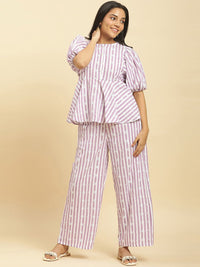 W Women Lavender & White Striped Embroidered Top with Trousers