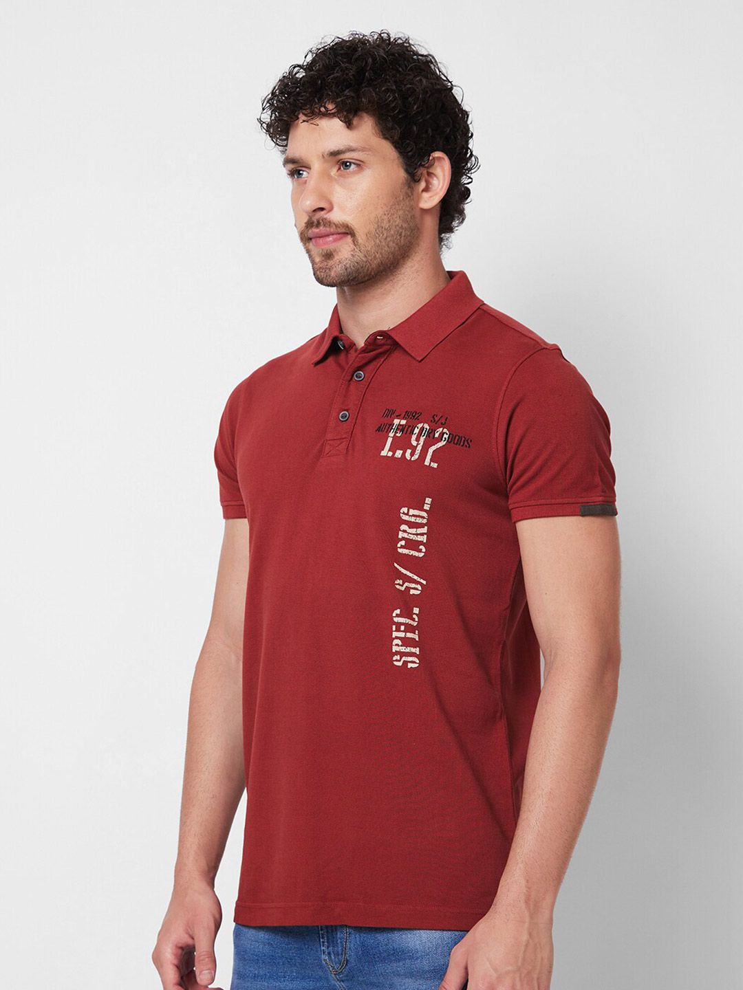 SPYKAR Typography Printed Polo Collar Slim Fit Pure Cotton T-shirt