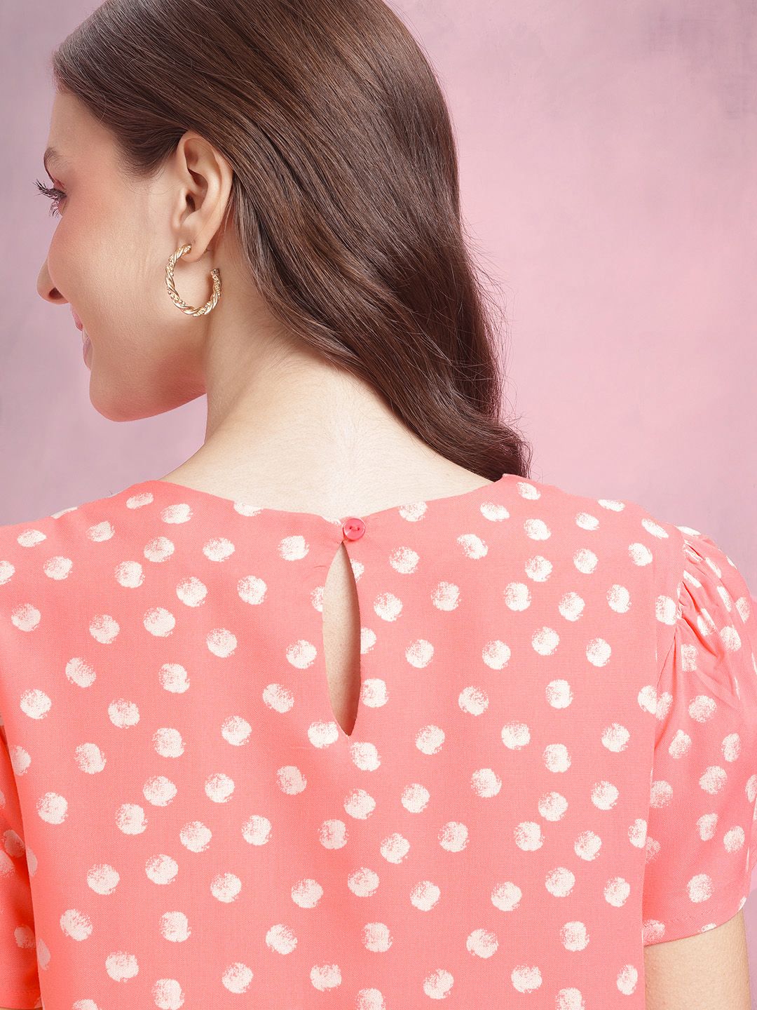 DressBerry Polka Dot Print Gather Detail Puff Sleeve A-Line Top