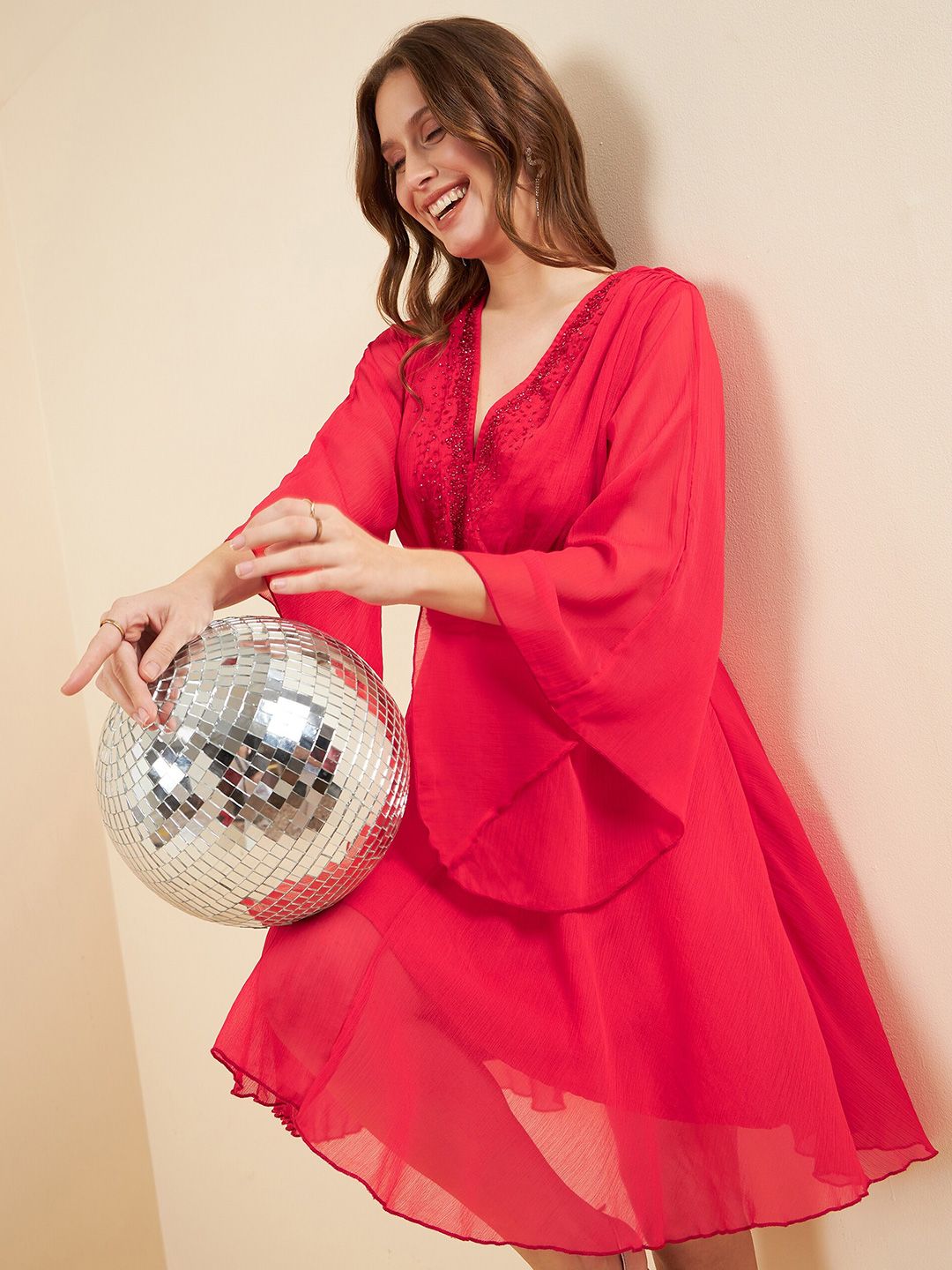 Antheaa Red V-Neck Flared Sleeve Sequinned Fit & Flare Dress