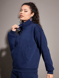 SASSAFRAS Navy Blue Mock Collar Sweatshirt