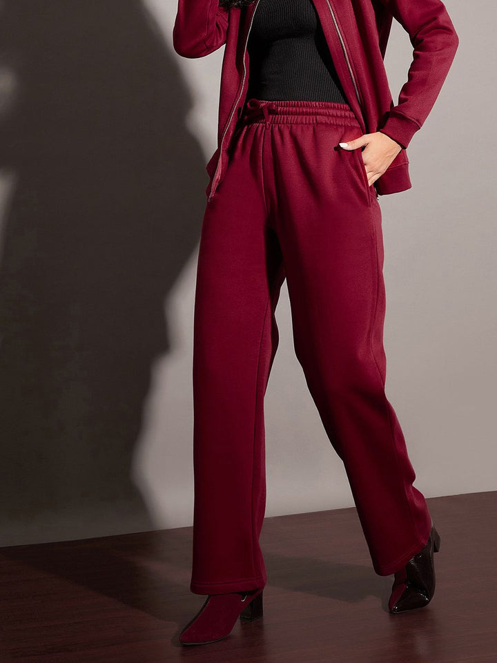 SASSAFRAS Women Maroon Relaxed Fit Mid-Rise Fleece Track Pants