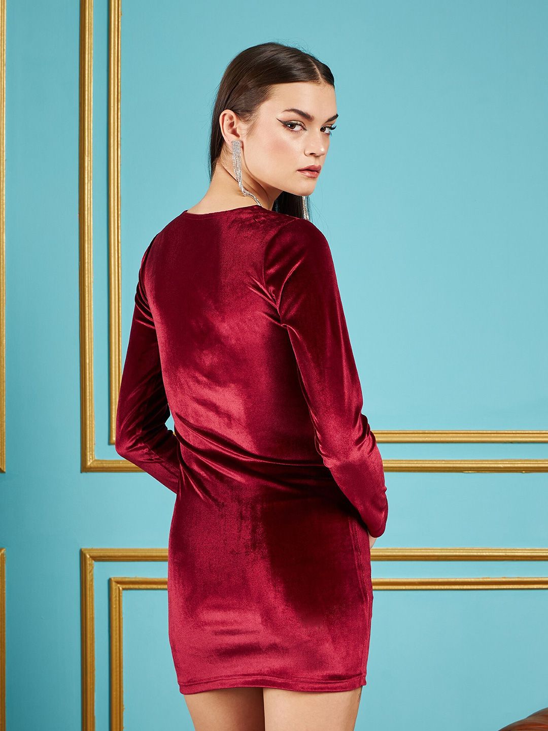 SASSAFRAS Maroon Square Neck Ruched Velvet Bodycon Mini Dress