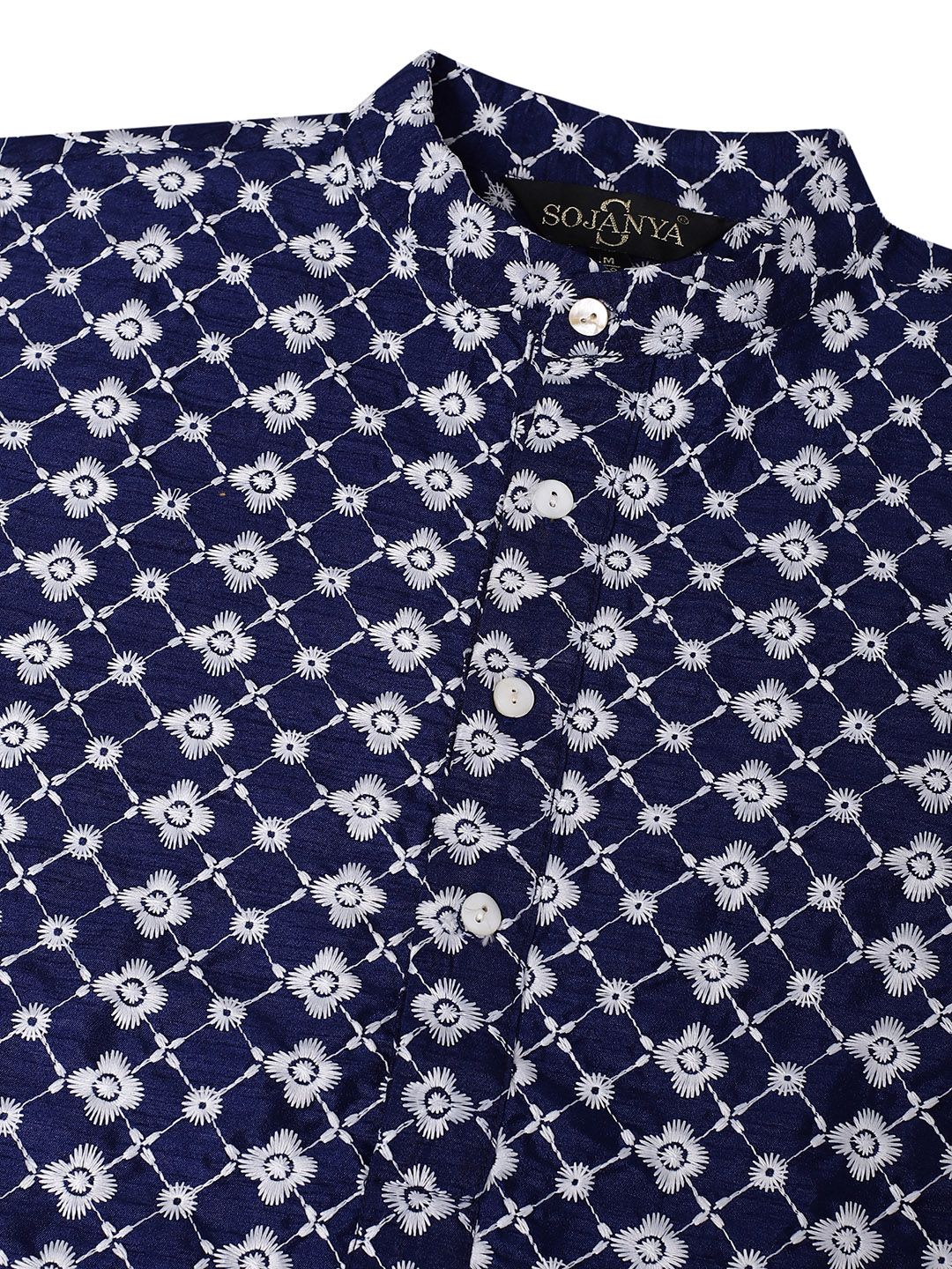 SOJANYA Men Navy Blue & White Ethnic Motifs Embroidered Kurta