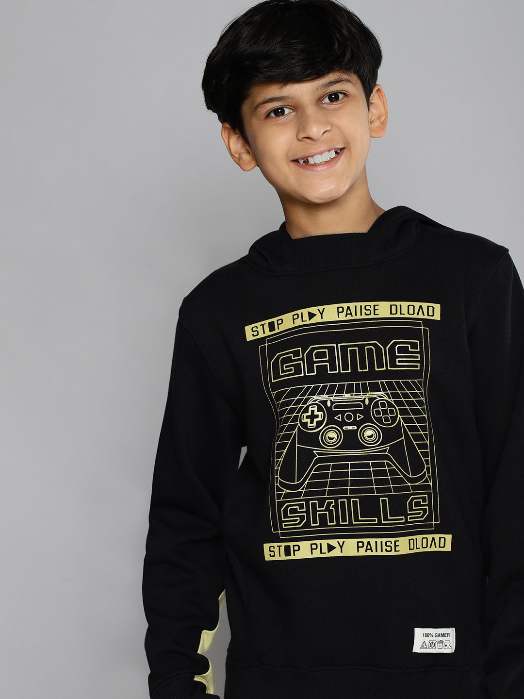 YK Boys Black & Yellow Graphic Print Hooded Sweatshirt