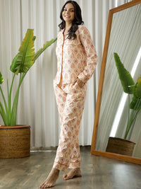 SANSKRUTIHOMES Women Cream-Coloured & Red Printed Pure Cotton Night suit