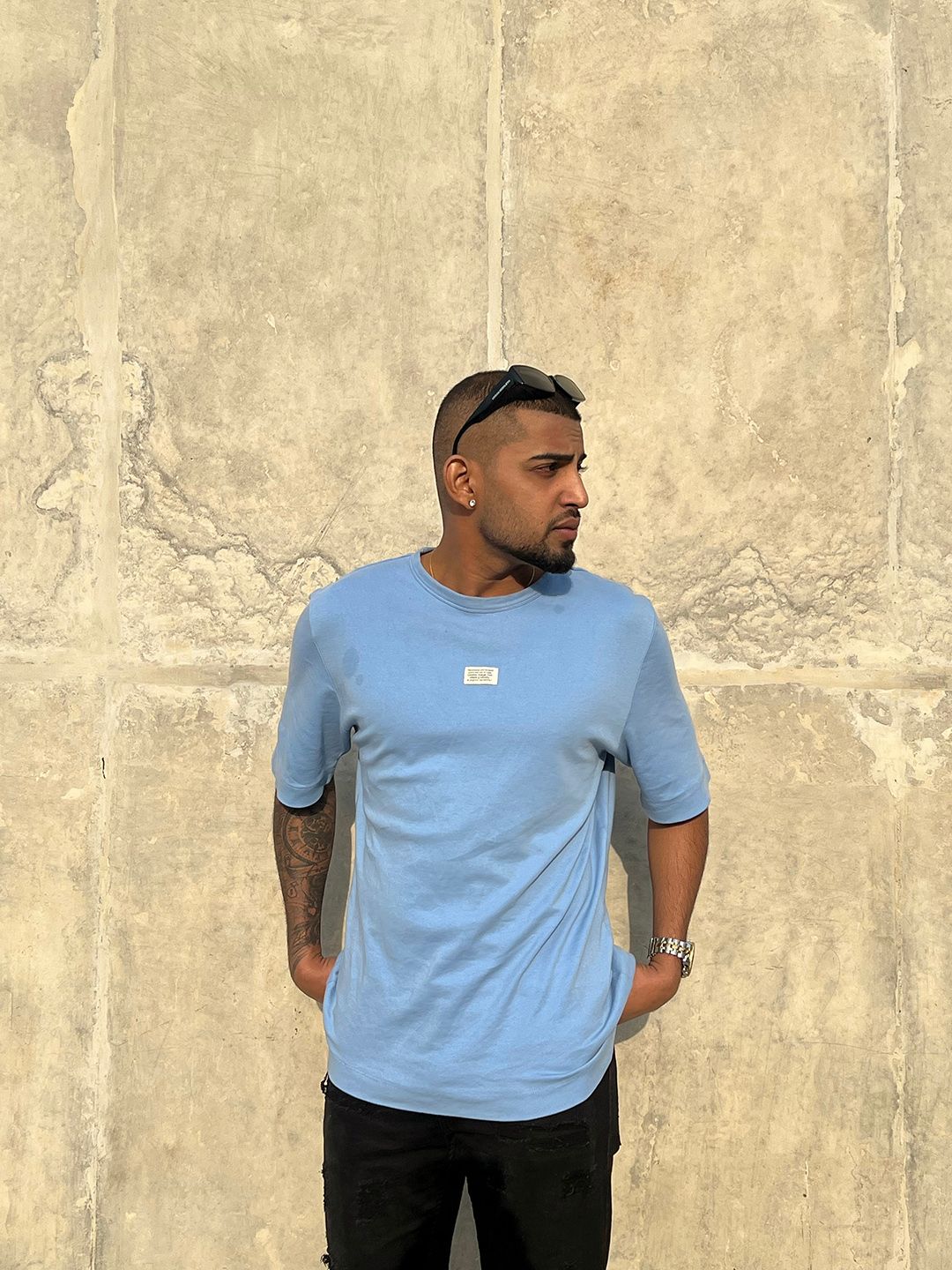 Mr Bowerbird Men Blue Pure Cotton Philosophy Crew Neck Oversized Pure Cotton T-shirt