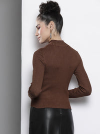 SASSAFRAS Women Brown High Neck Acrylic Pullover