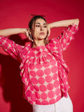 SASSAFRAS Pink Geometric Printed Ruffles Detailed Regular Top