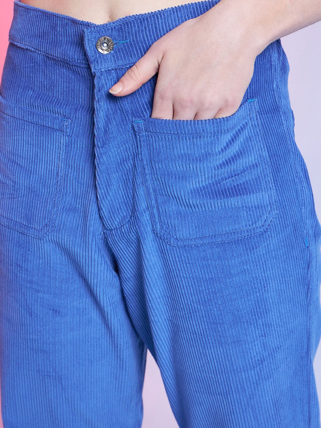 STREET 9 Women Blue Cotton Relaxed Flared Fit Mid-Rise Casual Bootcut Trousers