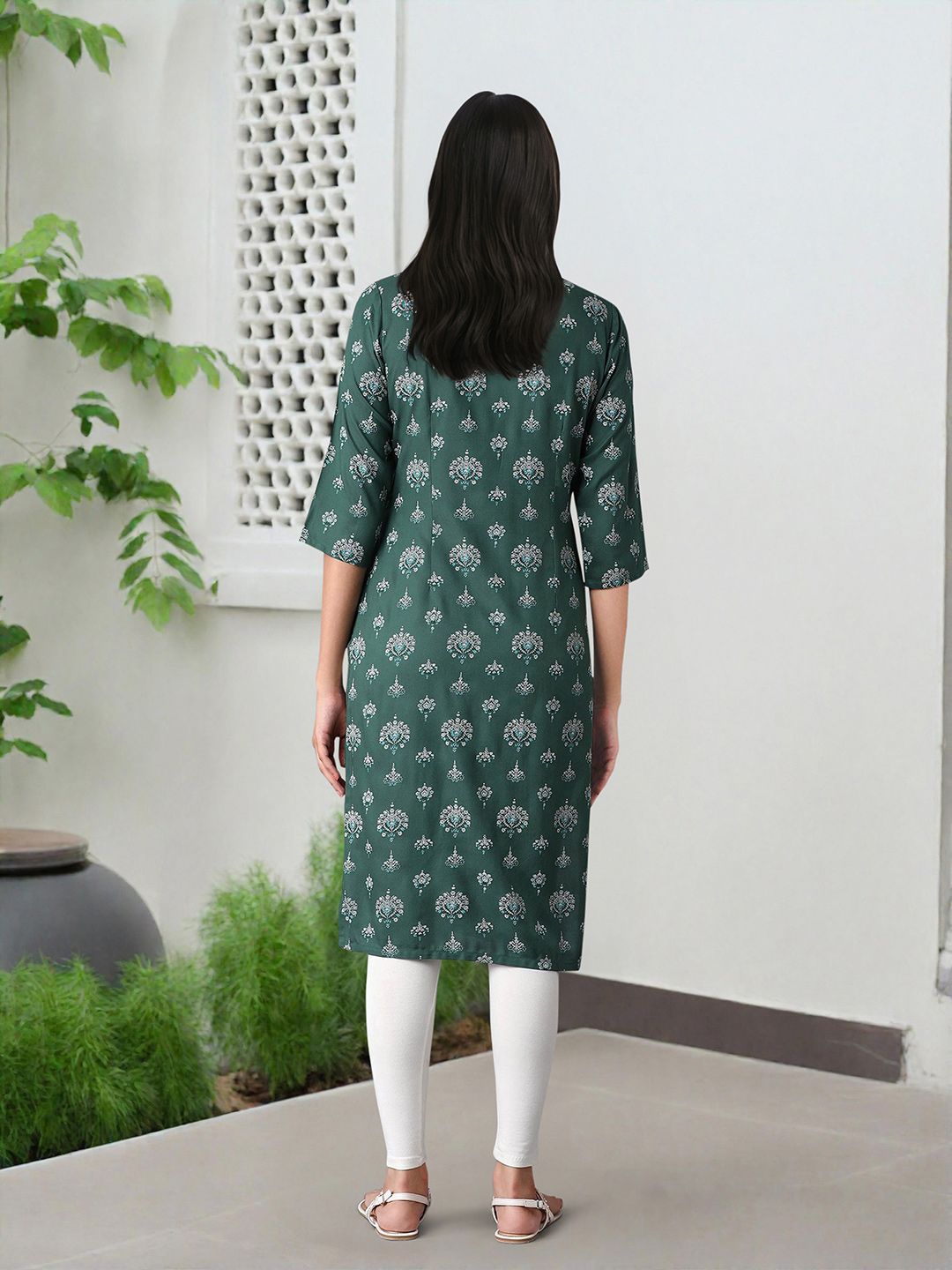 W Women Green & Off-White Printed A-Line Kurta