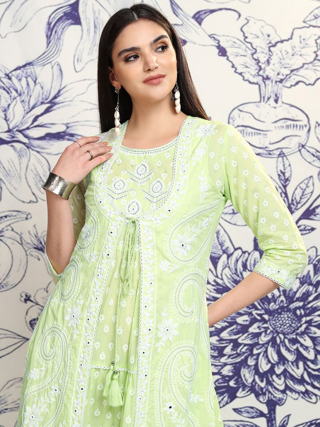 Vishudh Green Embroidered Cotton Tiered A-Line Midi Ethnic Dress With Shrug