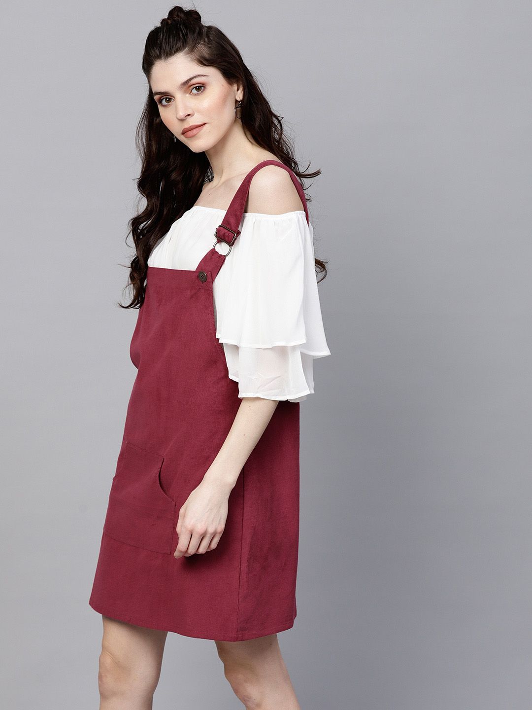 SASSAFRAS Women Maroon Solid Corduroy Pinafore Dress