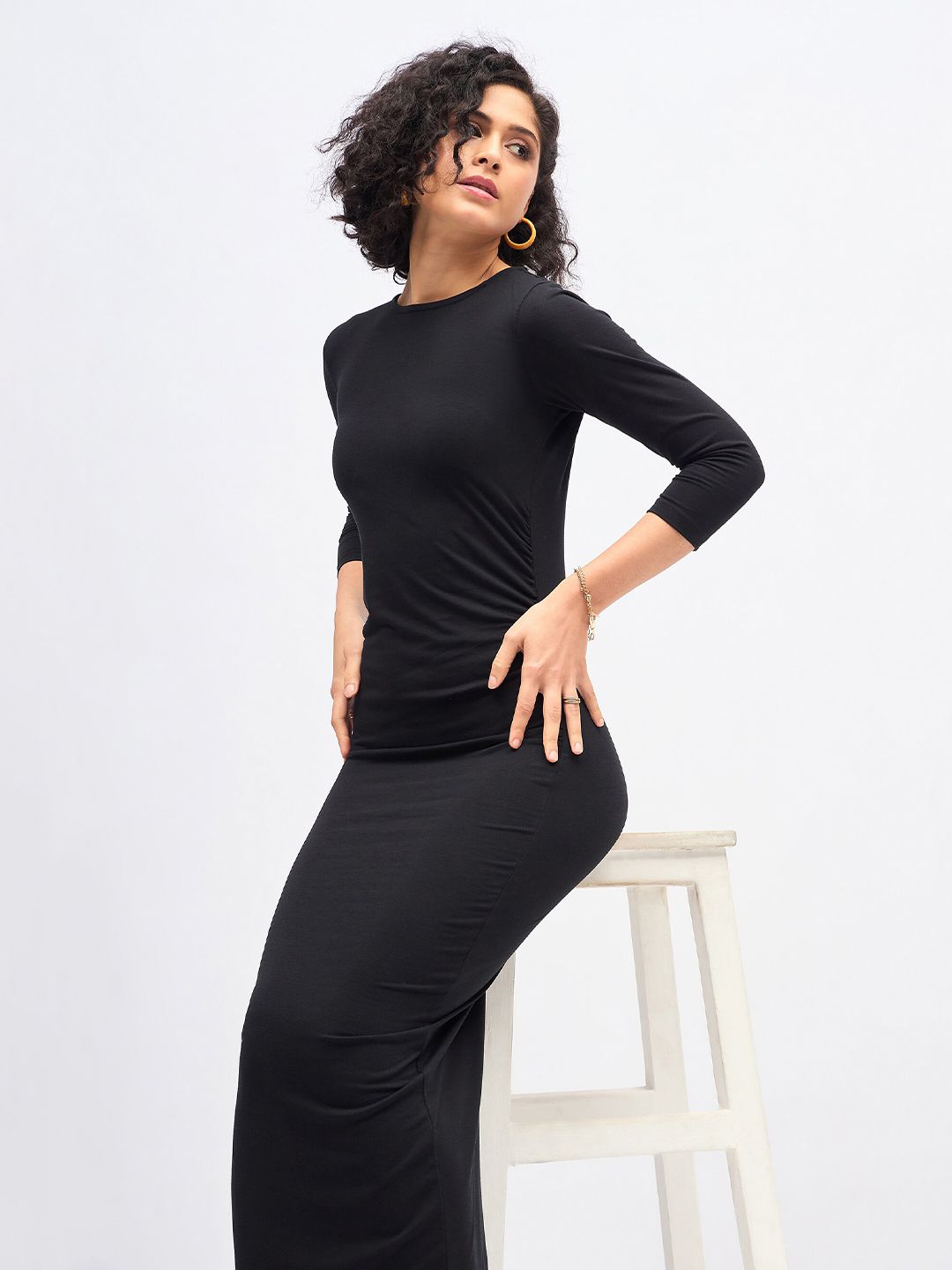 SASSAFRAS Black Waist Ruched Bodycon Midi Dress