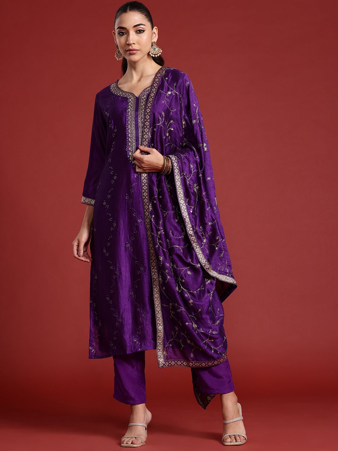Indo Era Floral Embroidered Sequinned Kurta With Trousers & Dupatta