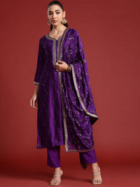 Indo Era Floral Embroidered Sequinned Kurta With Trousers & Dupatta