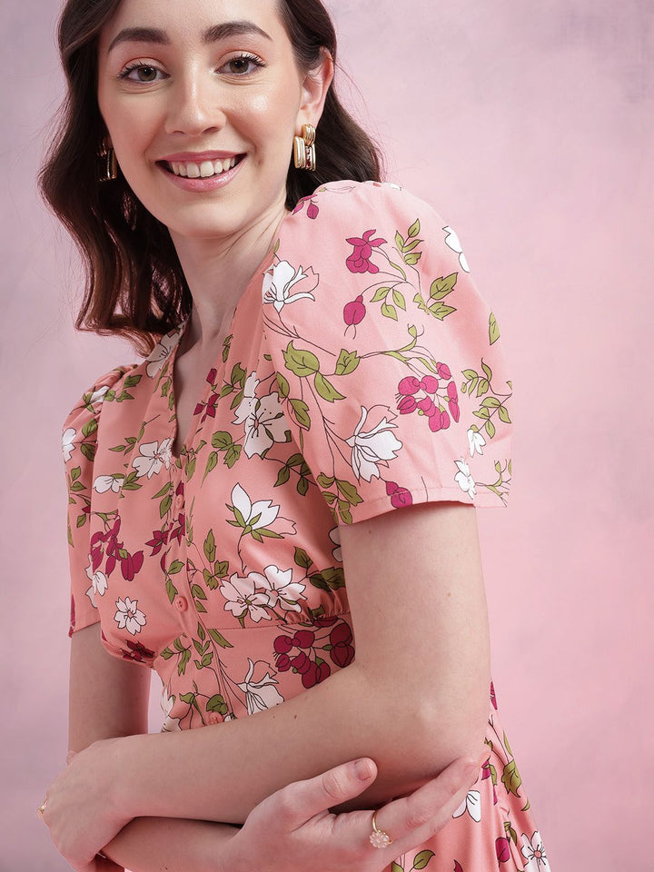DressBerry Floral Print Puff Sleeves A-Line Midi Dress with Mock Buttons