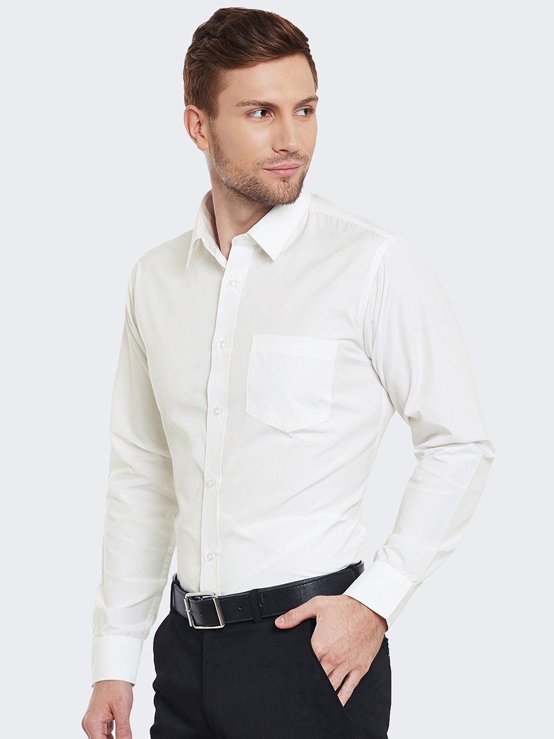 Hancock Men Cream-Coloured Slim Fit Solid Formal Shirt