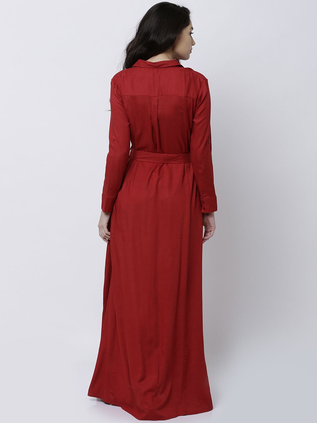 Tokyo Talkies Red Cuffed Sleeved Maxi Dress With Tie-Ups