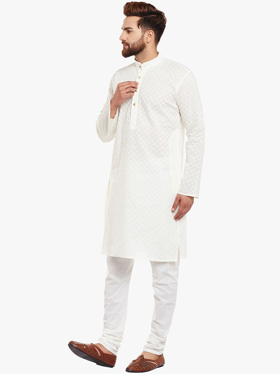 SOJANYA Men Off-White Embroidered Straight Kurta