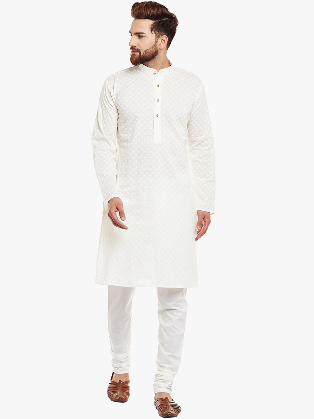 SOJANYA Men Off-White Embroidered Straight Kurta
