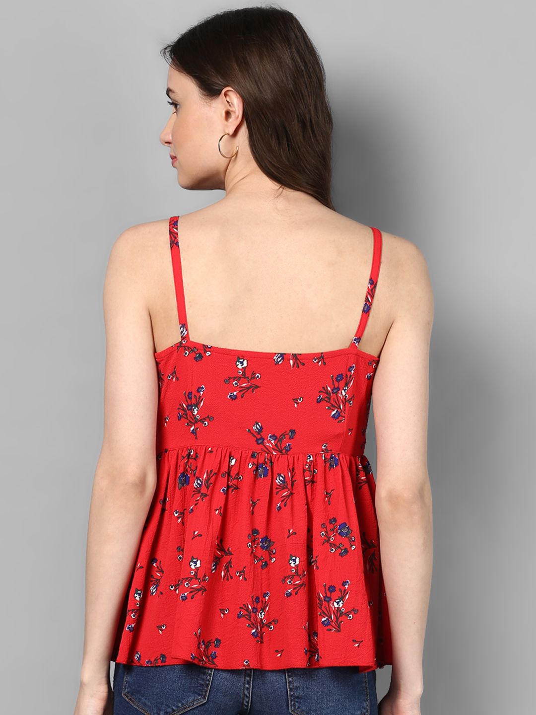 STREET 9 Red Floral Cinched Waist Ruffled Top