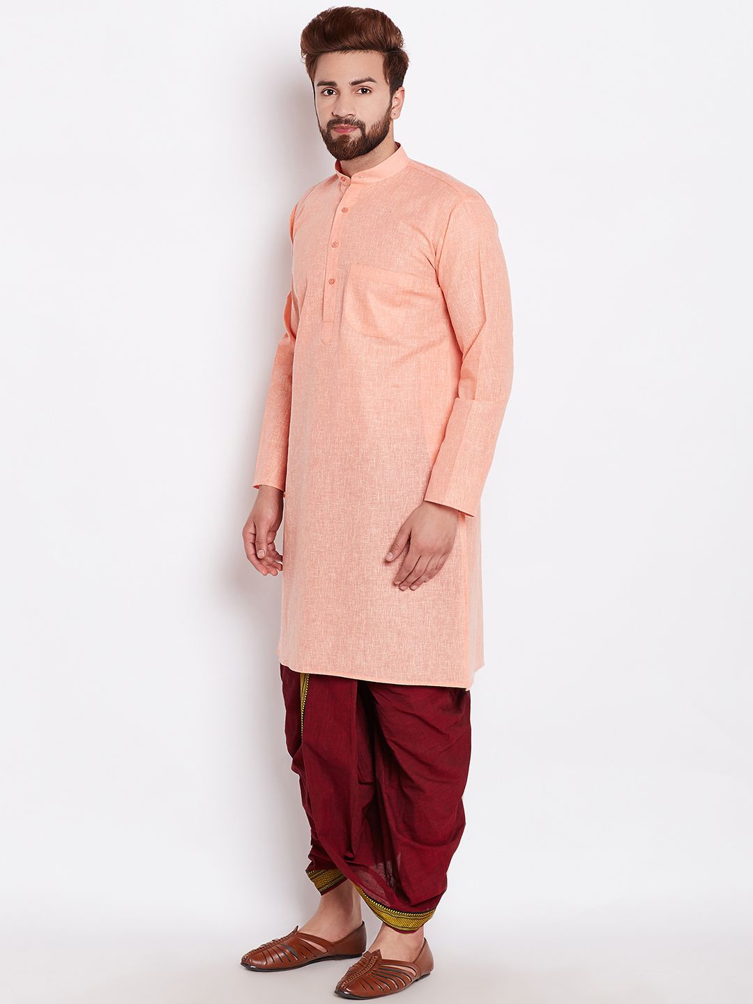SOJANYA Men Orange Solid Straight Kurta