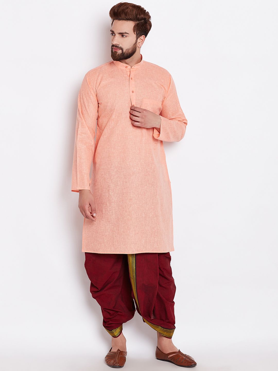 SOJANYA Men Orange Solid Straight Kurta