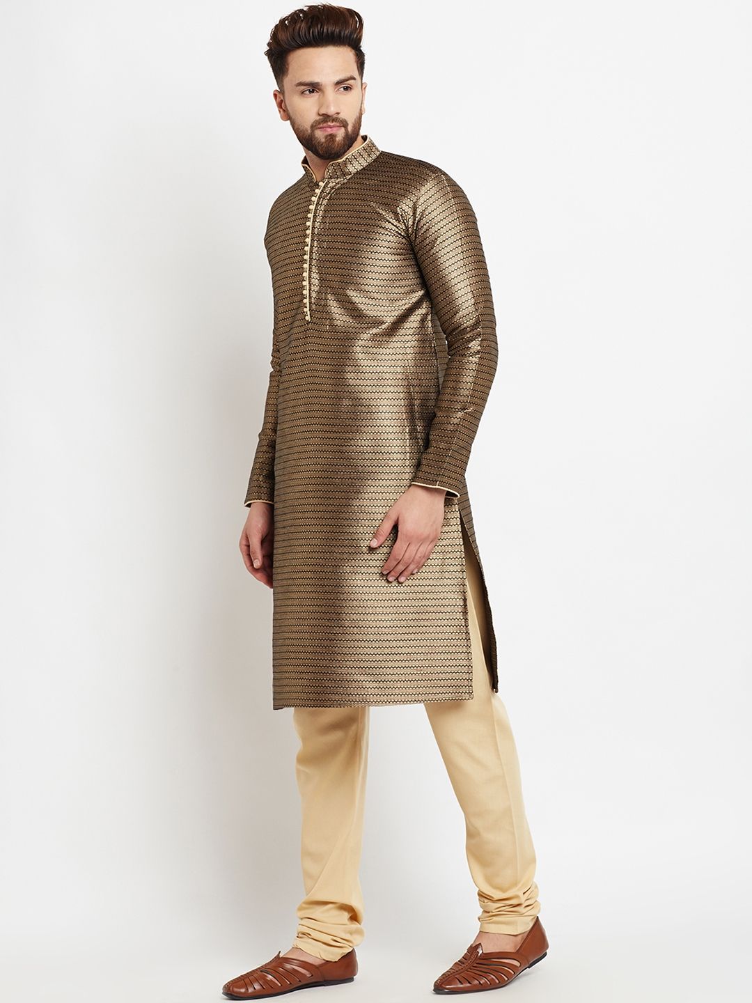 SOJANYA Men Gold-Toned & Black Woven Design Straight Kurta