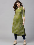Gerua By Libas Women Green White Printed Cold-Shoulder Straight Kurta