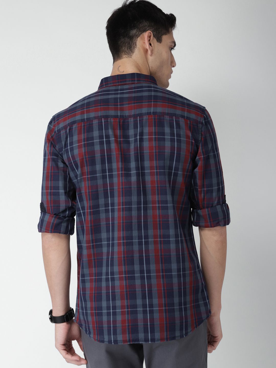 HIGHLANDER Men Navy Blue & Maroon Slim Fit Checked Casual Shirt