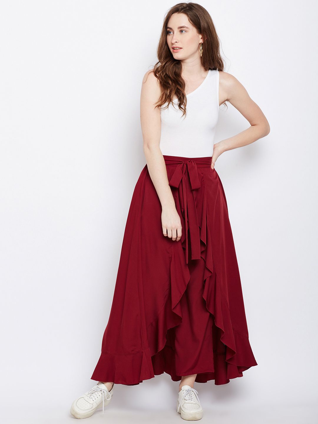 Berrylush Maroon Ruffled Flared Maxi Skirt with Attached Trousers